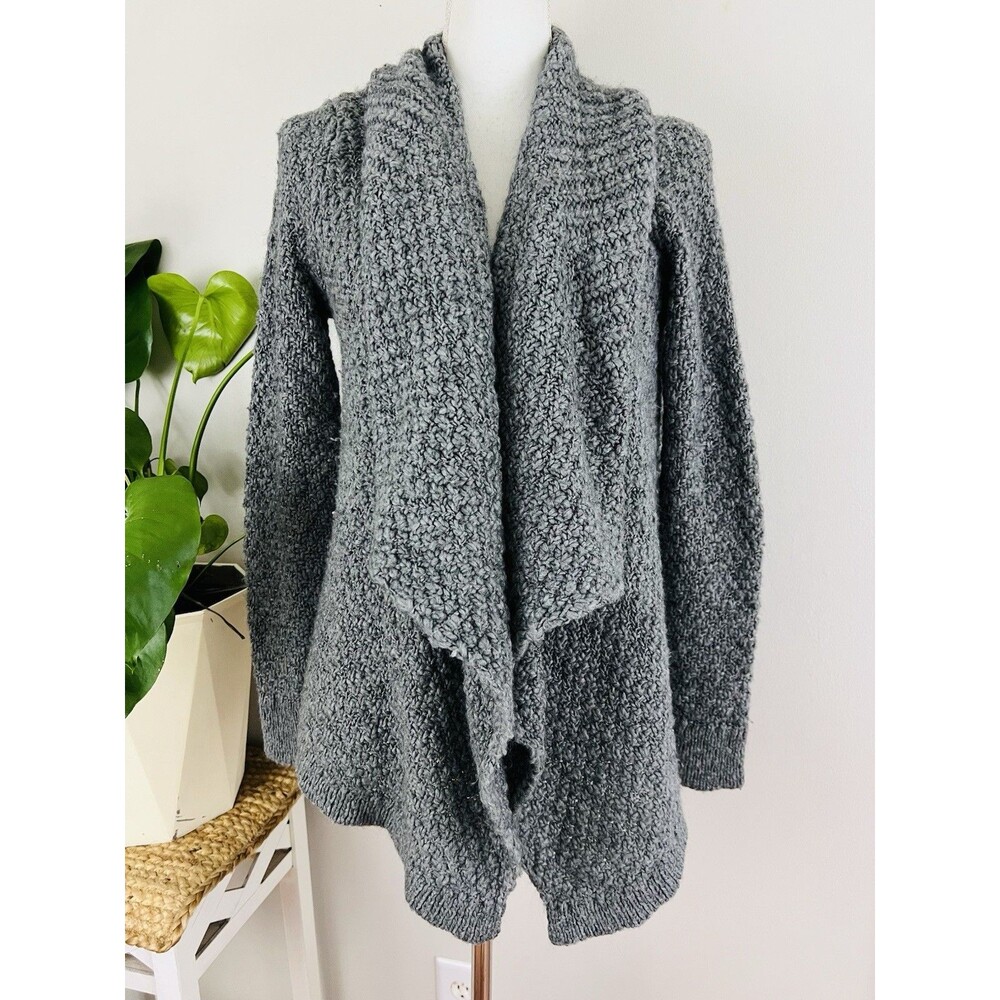 LOFT Dark Gray Draped Waterfall Cardigan Sweater Open Front Knit Soft Size Small